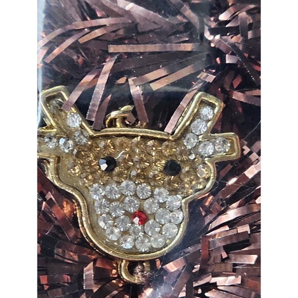 Reindeer Necklace & Earrings Set Brown  Pom Pom Multi Color Rinestone Holiday - Picture 3 of 10